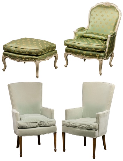 French Provincial Style Upholstered Chair and Ottoman
