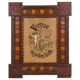 Tramp Art Frame with German Needlework