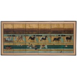 Japanese Gouache on Paper Screen after 'Horses and Grooms in the Stable'