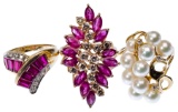 14k Yellow Gold, Ruby, Pearl and Diamond Rings