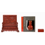 Chinese Cinnabar Table Screen and Box