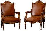 Cowhide and Gilt Wood Arm Chairs