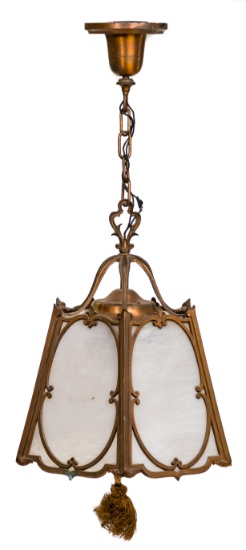 Slag Glass and Bronze Pendant Lamp