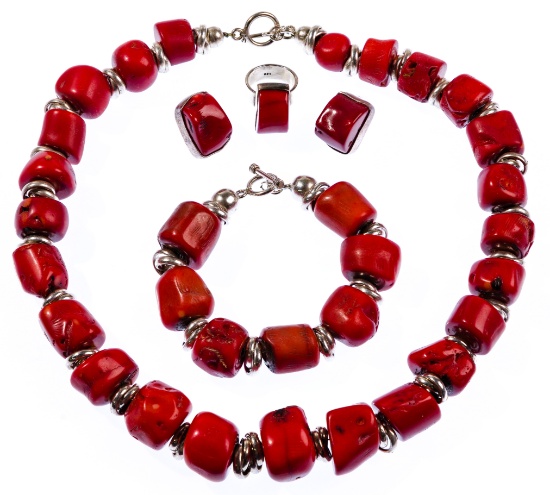 Sterling Silver and Chunk Red Coral Jewelry Suite