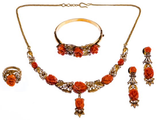 20k Gold, Carved Coral and White Sapphire Jewelry Parure Suite