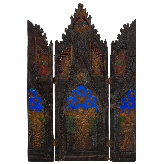 Repousse Enamel and Copper Triptych