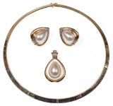 14k Yellow Gold, Pearl and Diamond Jewelry Suite