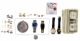 Gold and Costume Jewelry, Watches and Currency Assortment