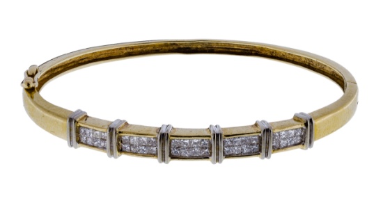 JWBR 14k Yellow Gold and Diamond Hinged Bangle Bracelet