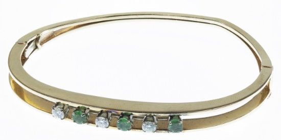 14k Yellow Gold, Emerald and Diamond Hinged Bangle Bracelet