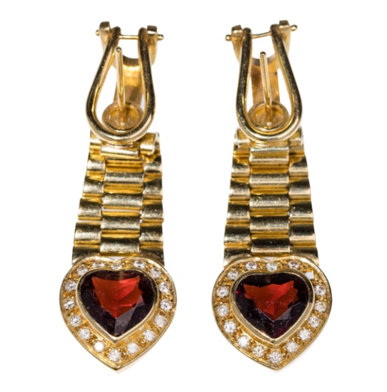 18k Yellow Gold, Garnet and Diamond Pierced Earrings