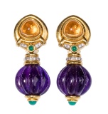 18k Yellow Gold, Semi-Precious Gemstone and Diamond Pierced Earrings