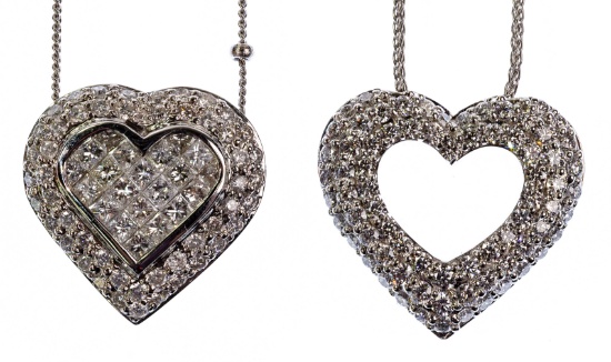 18k White Gold and Diamond Heart Pendants on Necklaces