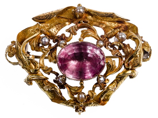Victorian 18k Yellow Gold, Purple Sapphire and Pearl Brooch