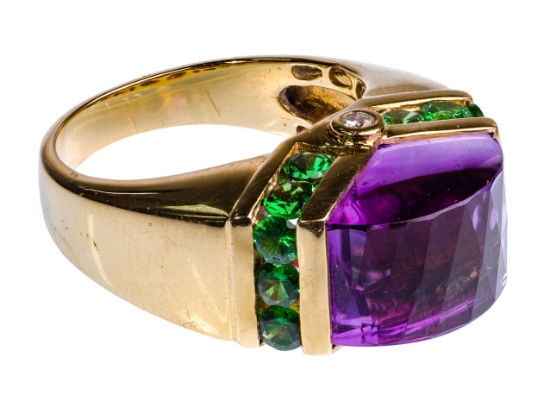 18k Yellow Gold, Semi-Precious Gemstone and Diamond Ring