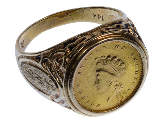 1854 $1 Gold Coin in 14k Yellow Gold Setting Ring