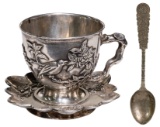 Han Tong Feng Chinese Sterling Silver Cup, Saucer and Spoon