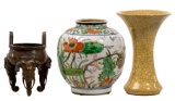 Chinese Bronze Censer, Ceramic Jar and Ceramic Vase