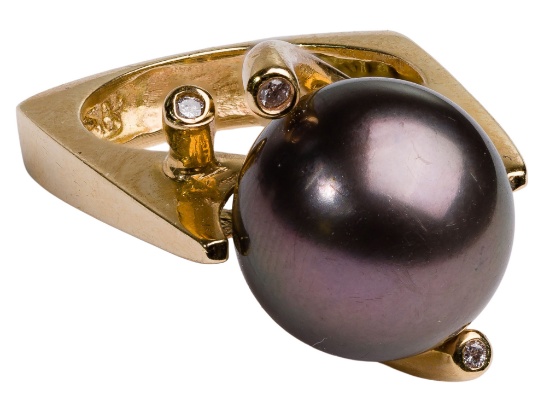14k Yellow Gold, Tahitian Pearl and Diamond Ring