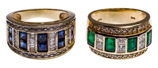 14k Yellow Gold, Semi-Precious Gemstone and Diamond Band Rings