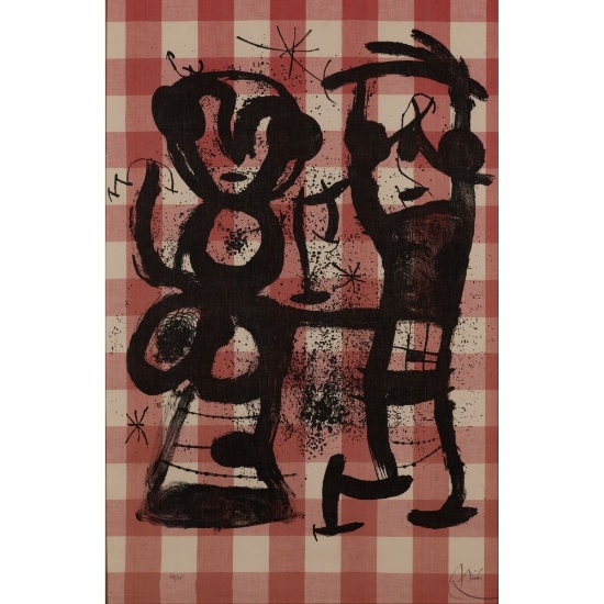 Joan Miro (Spanish, 1893-1983) 'The Rustics' Lithograph on Gingham Fabric