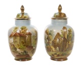 English Hand Painted Porcelain Covered Urns