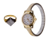 18k Gold and Diamond Ring and Gold Case Wristwatch