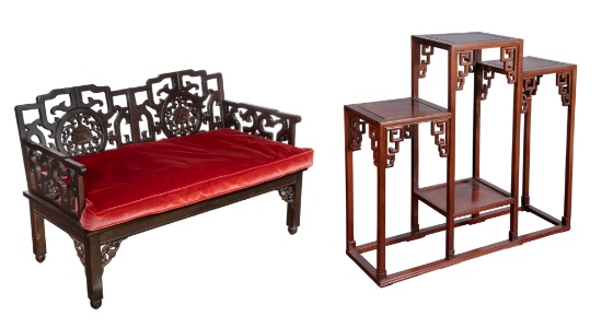 Chinese Carved Wood Bench and Stand