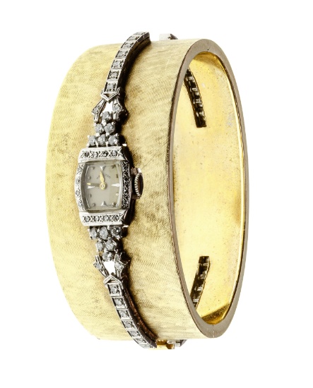 Hamilton 14k Gold Bangle and Diamond Bracelet Wristwatch