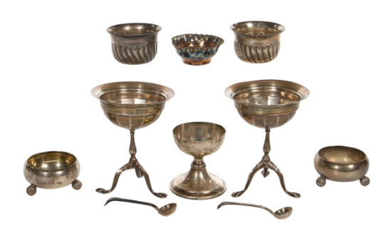 English Sterling Silver Salt Cellar and Spoon Assortment