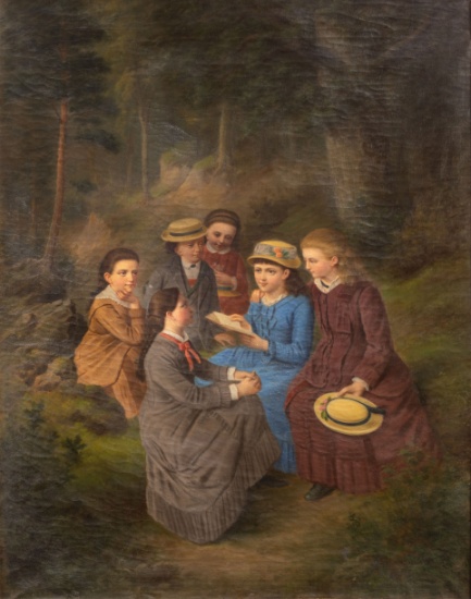 Attributed to Julia Caroline Hamann (Danish, 1842-1916) 'Girls Reading on a Picnic' Oil on Canvas