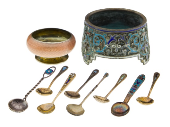 Russian Silver Salt Cellar and Spoon Assortment