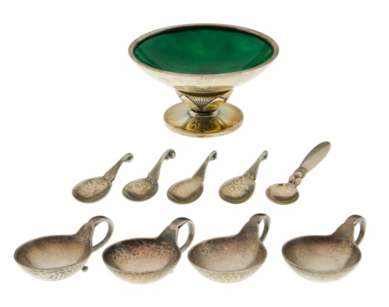 George Jensen Sterling Silver Salt Cellar and Spoon Assortment