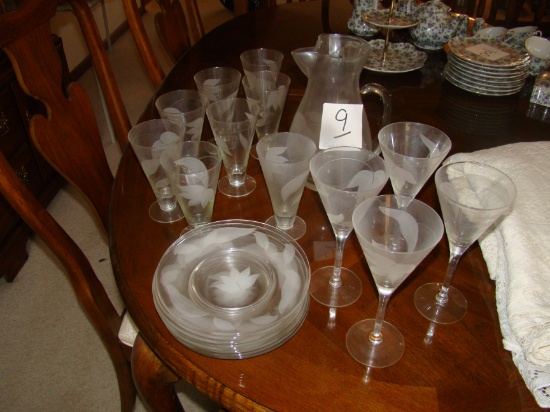 CRYSTAL PITCHER, 7 GOBLETS, 4 WINE, GOOD CONDITION