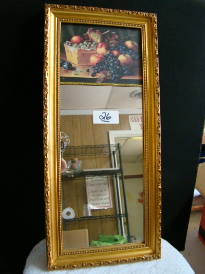 MIRROR, FRUIT BASKET INSET AT TOP, 9 X 20 INCHES, EX CONDITION