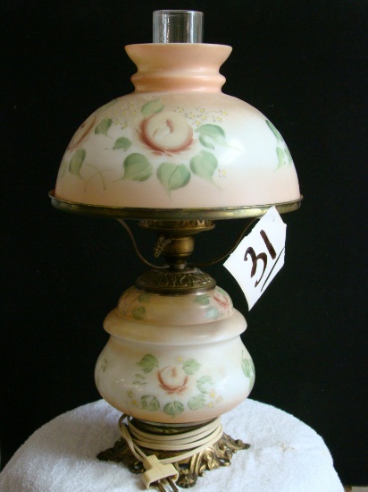 HURRICANE STYLE LAMP WITH PAINTED FLOWERS, GOOD AGED CONDITION, ELECTRIC