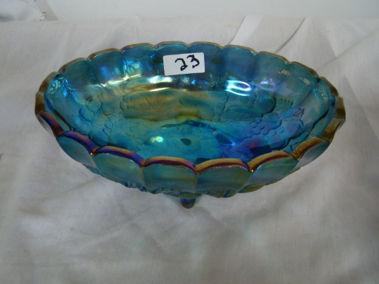 BLUE CARNIVAL STYLE FOOTED OVAL BOWL GOOD CONDITION