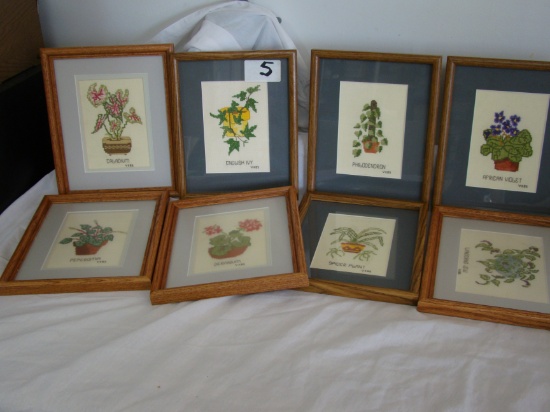 CROSS STITCH FRAMED FLORALS SET OF 8 VERY GOOD CONDITION