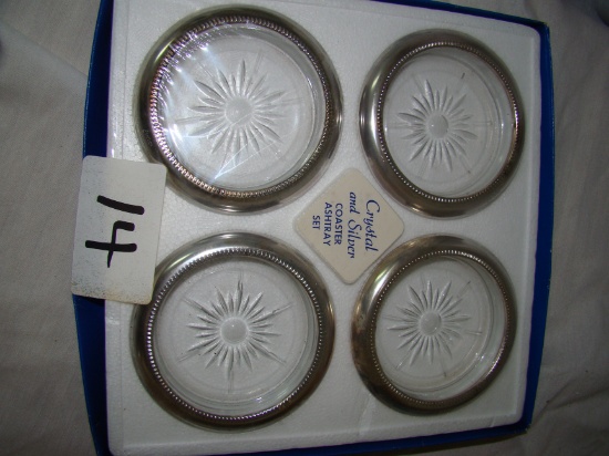 SILVER AND CRYSTAL COASTER/ASHTRAY SET OF 4 IN BOX.