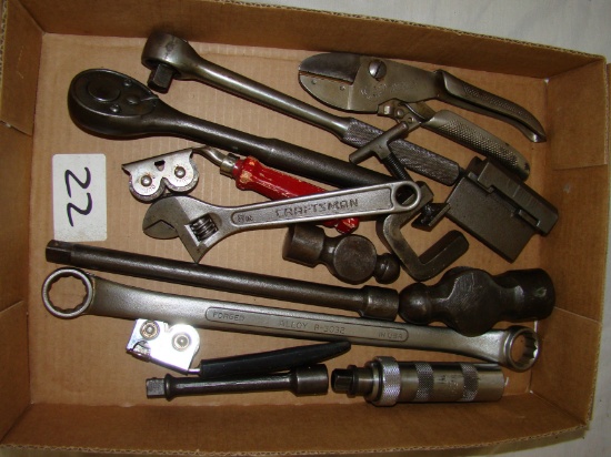 LOT OF TOOLS, RATCHETS, BALL PING HAMMER HEAD, C CLAMP