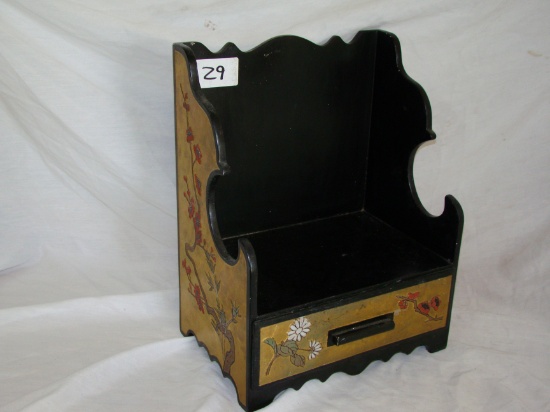 ORIENTAL DECORATED WOODEN TABLE TOP STORAGE UNIT/LETTER HOLDER WITH DRAWER,