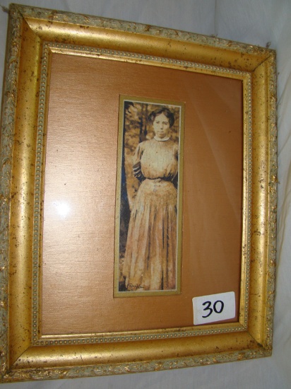 GOLD FRAME, MATTED, VINTAGE PRINT OF LADY IN PERIOD CLOTHING, SIGNED. 14-1/