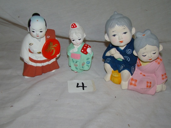 LOT OF 3 JAPAN BISQUE FIGURINES. SIZES 5" TO 6" HIGH. GOOD CONDITION