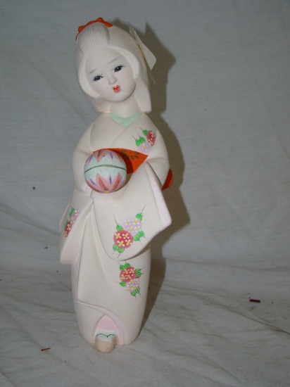 JAPAN GENUINE HAKATA DOLL, LADY WITH BALL, FIGURINE WITH BASE. 10-1/2" TALL