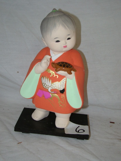 JAPAN GENUINE HAKATA DOLL, BOY WITH TURTLE, FIGURINE WITH BASE. 9-1/2" TALL