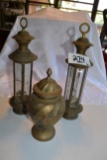 BRASS CANDLE HOLDERS AND URN