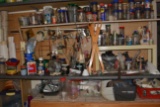 WOODEN SHELF WITH CONTENTS AND CONTENTS ON SHELVES IN GARAGE