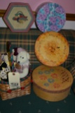 LOT OF STORAGE BOXES, BASKET OF BEARS