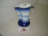 NICE BLUE AND WHITE PITCHER W/WINTER SCENE OF YOUTH BY ROYAK BAYREUTH