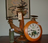 THREE PIECE LOT WITH JOHN DEER CLOCK AND CANDLE HOLDER